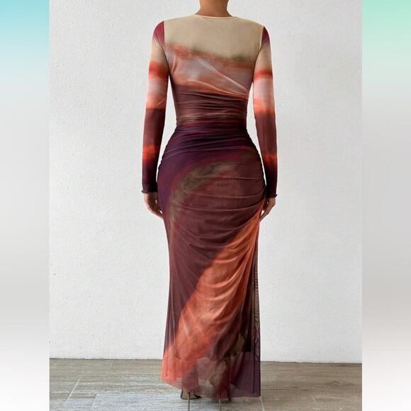 2025 Long Sleeve Maxi Dress Bodycon Ruched Natural Slim Fit TieDye Dress NWT S - Picture 4 of 6